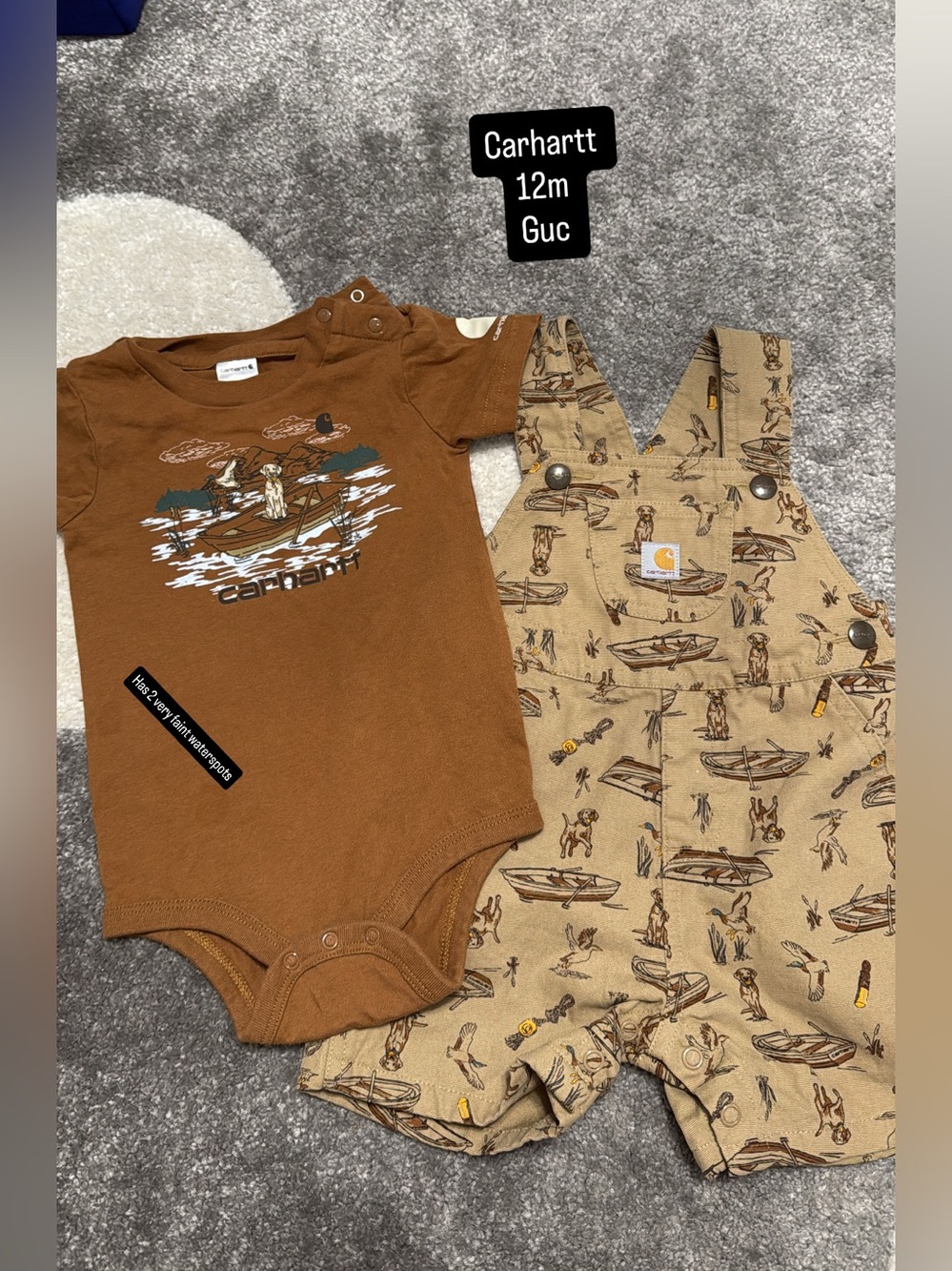 Carhartt Brown Graphic Bodysuit & Tan Print Overalls Set